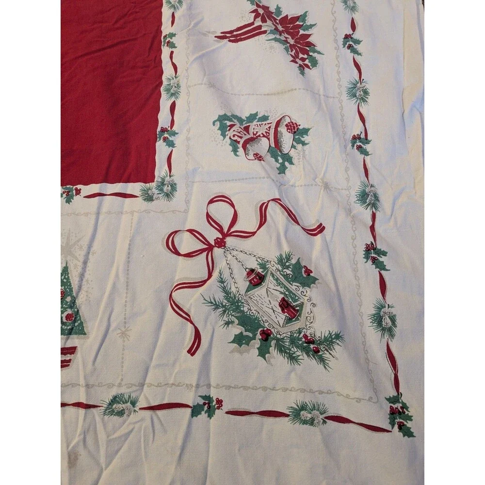 Vintage 50s Rectangle Christmas Tablecloth MCM Cotton Bells Trees  Candles *Flaw
